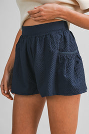 Navy Lightweight Seersucker High-waist Bubble Shorts