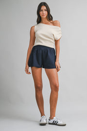 Navy Lightweight Seersucker High-waist Bubble Shorts