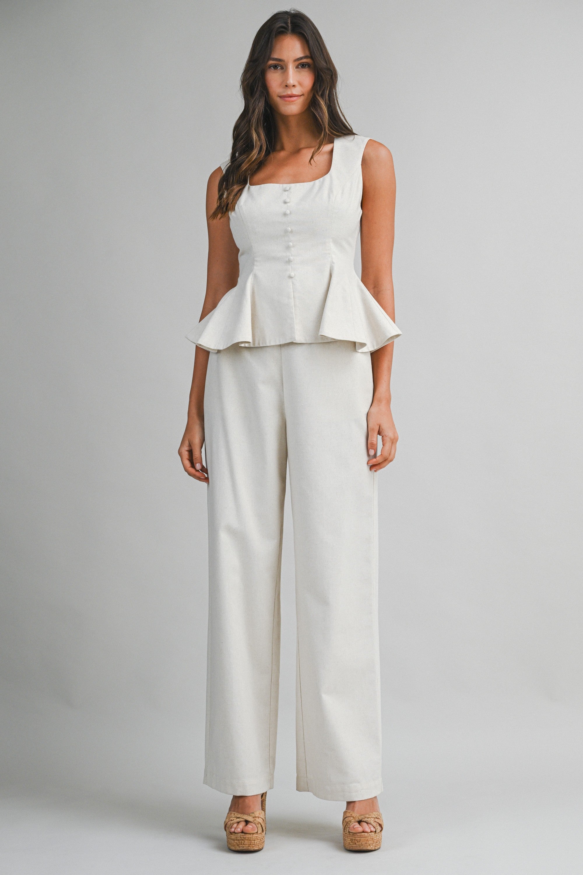 Square Neckline Peplum Top And Pants Set