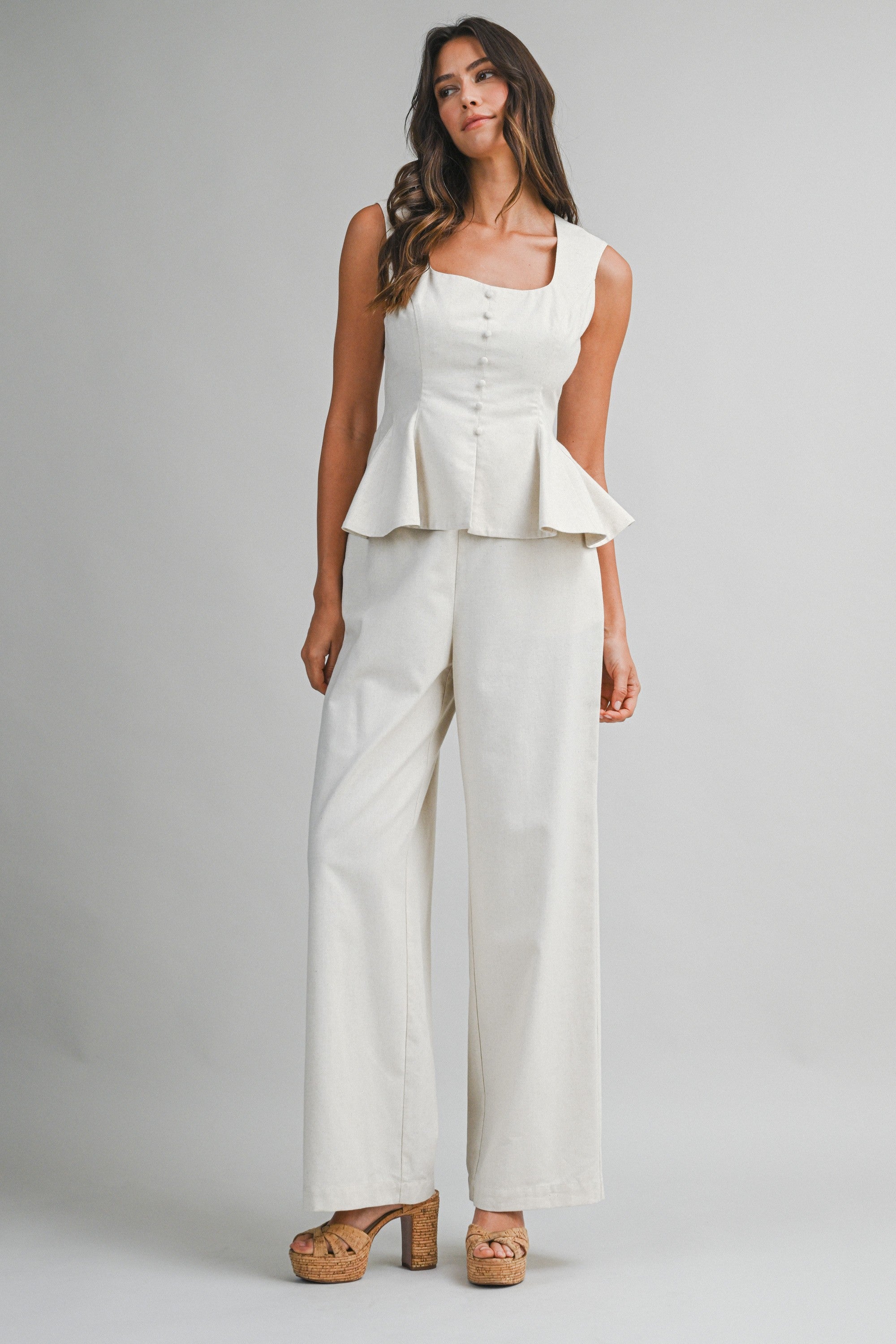 Square Neckline Peplum Top And Pants Set