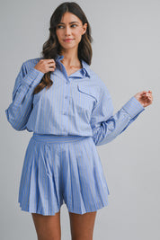 Striped Collar Button Down Shirt And Shorts Set