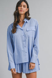 Striped Collar Button Down Shirt And Shorts Set