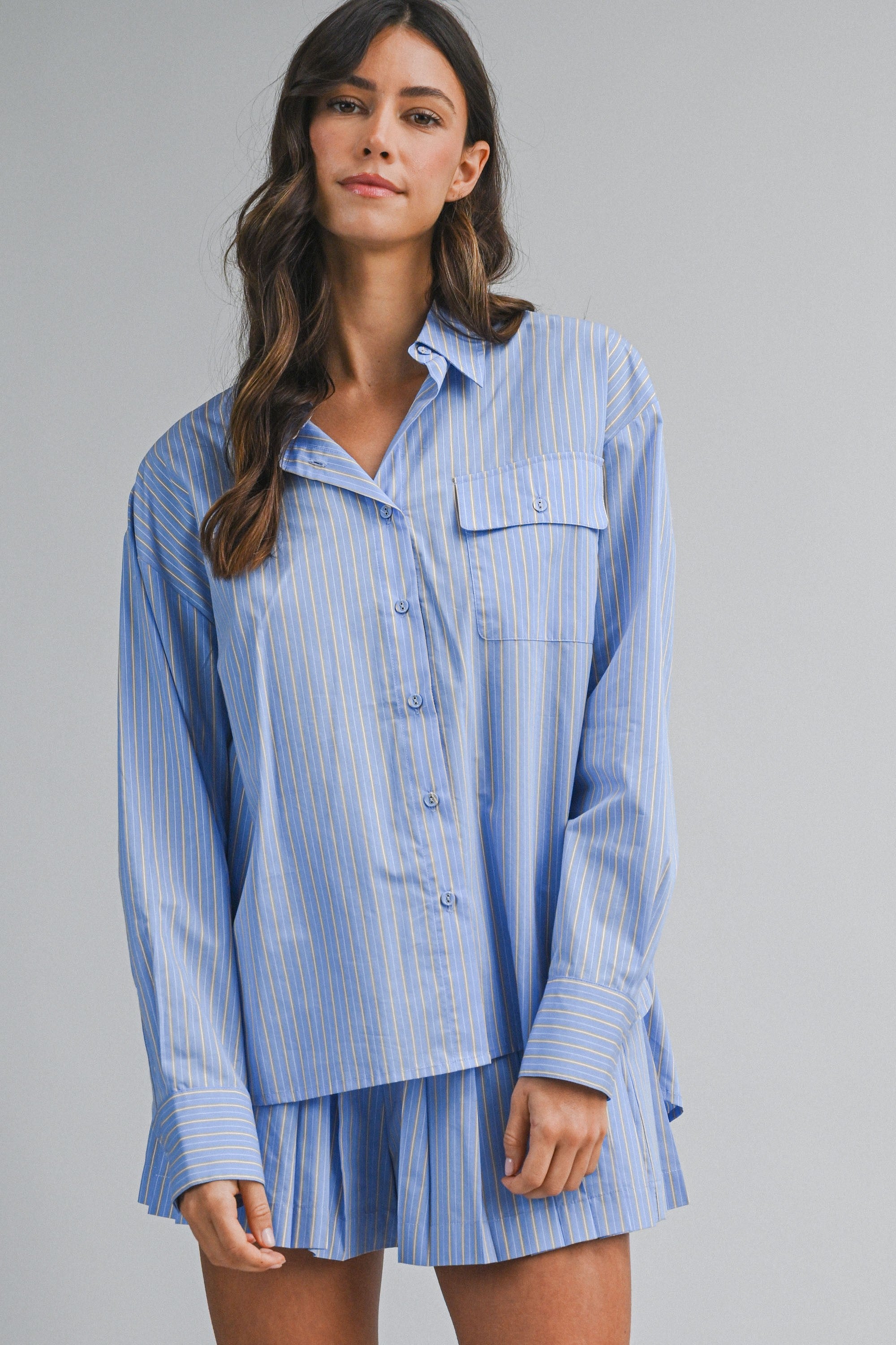 Striped Collar Button Down Shirt And Shorts Set