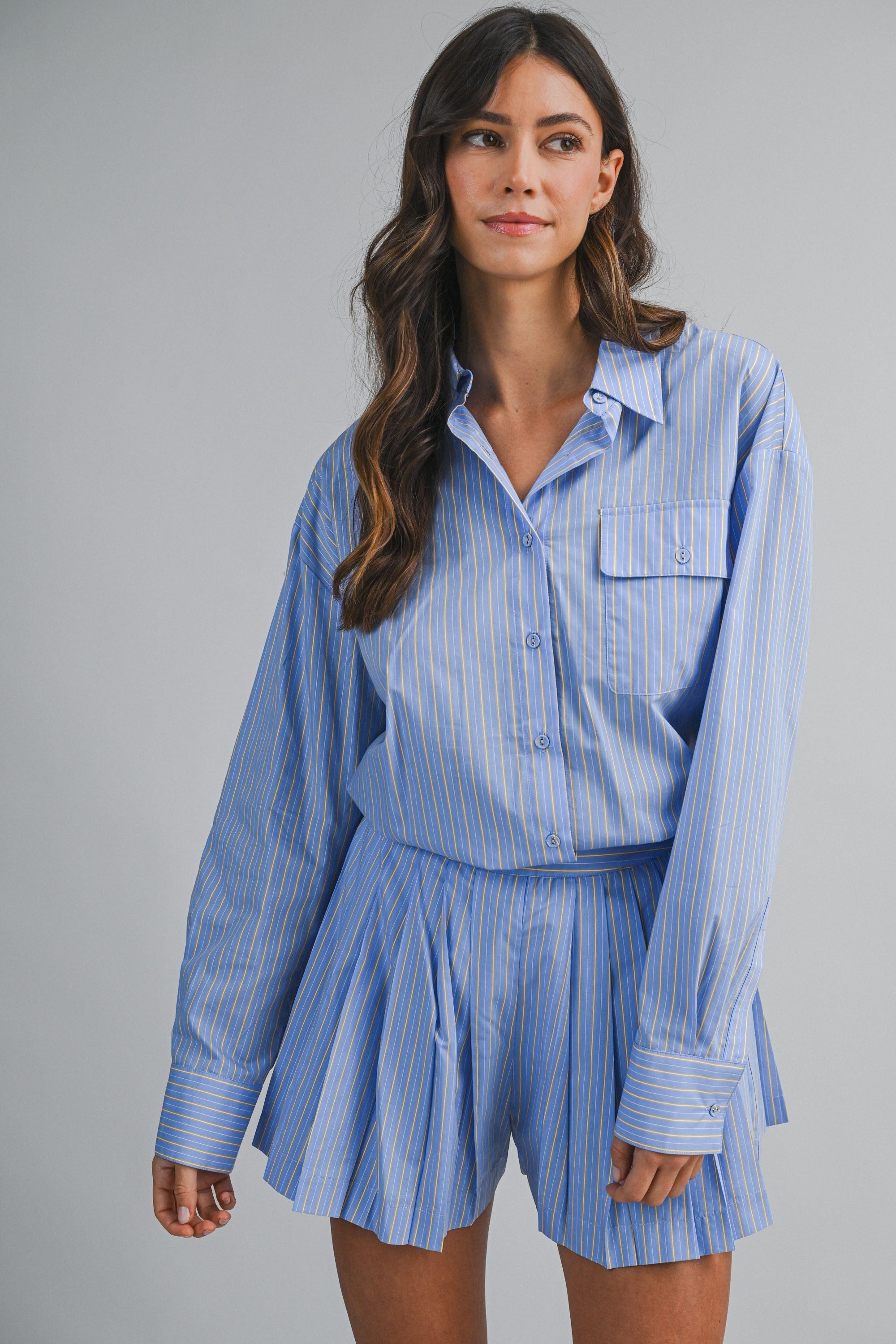 Striped Collar Button Down Shirt And Shorts Set