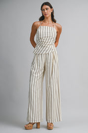 Striped Halter Top And Wide Leg Pants Set