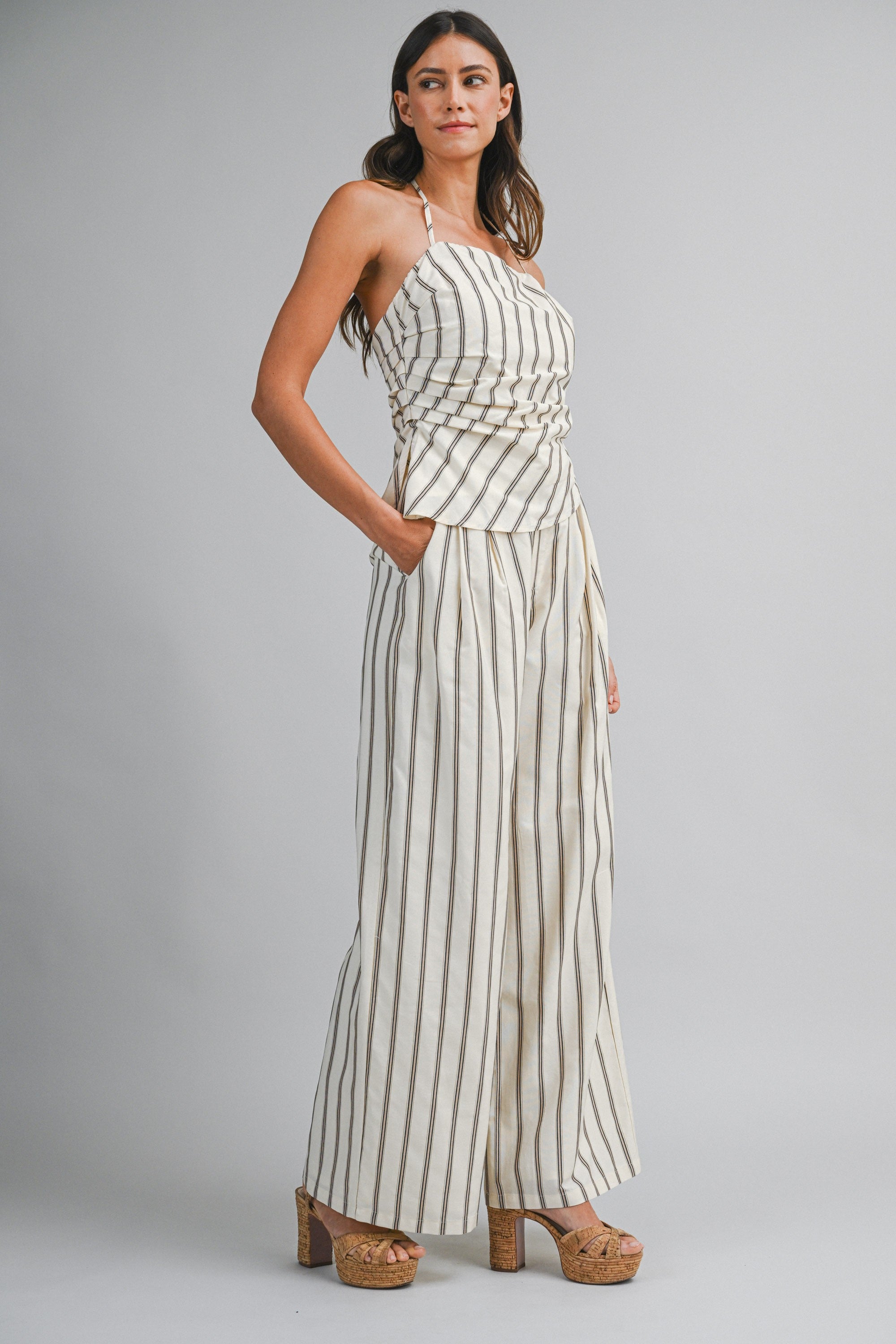 Striped Halter Top And Wide Leg Pants Set