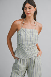 Striped Halter Top And Wide Leg Pants Set