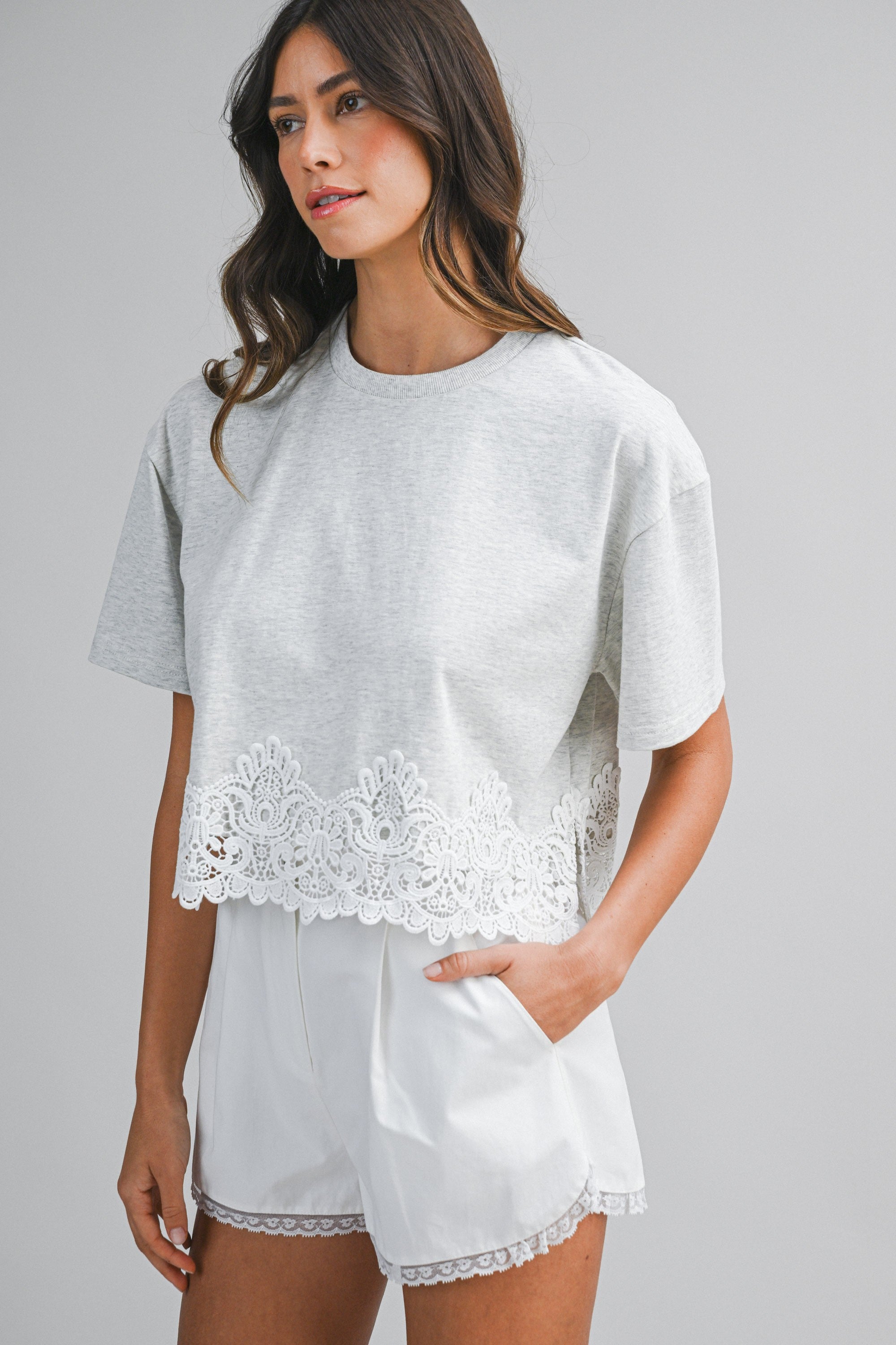 Short Sleeve Crop Top With Lace Trim Hem