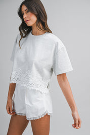 Short Sleeve Crop Top With Lace Trim Hem