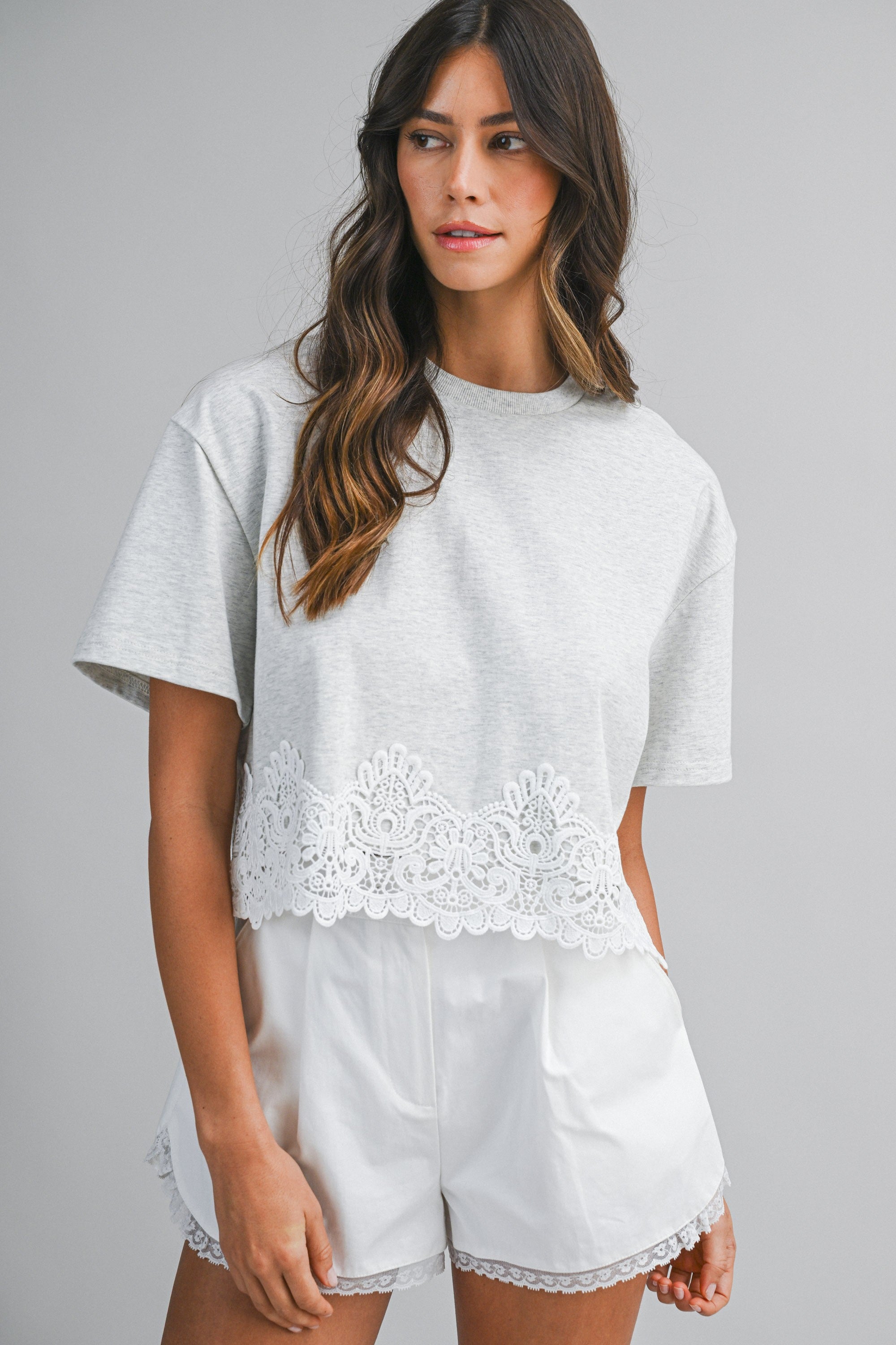Short Sleeve Crop Top With Lace Trim Hem