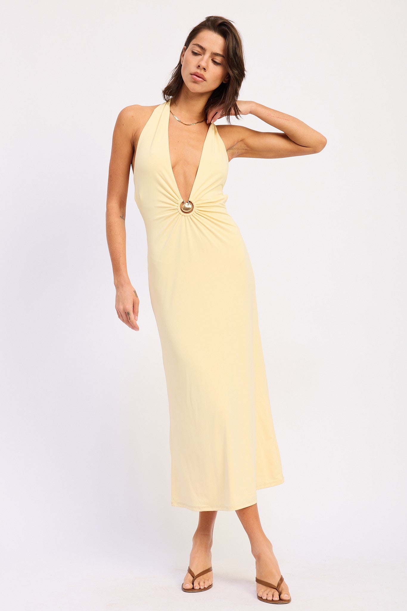 Deep V Halter Neck Midi Dress