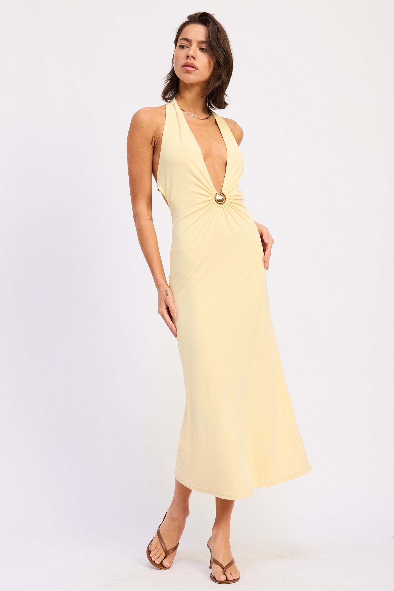Deep V Halter Neck Midi Dress