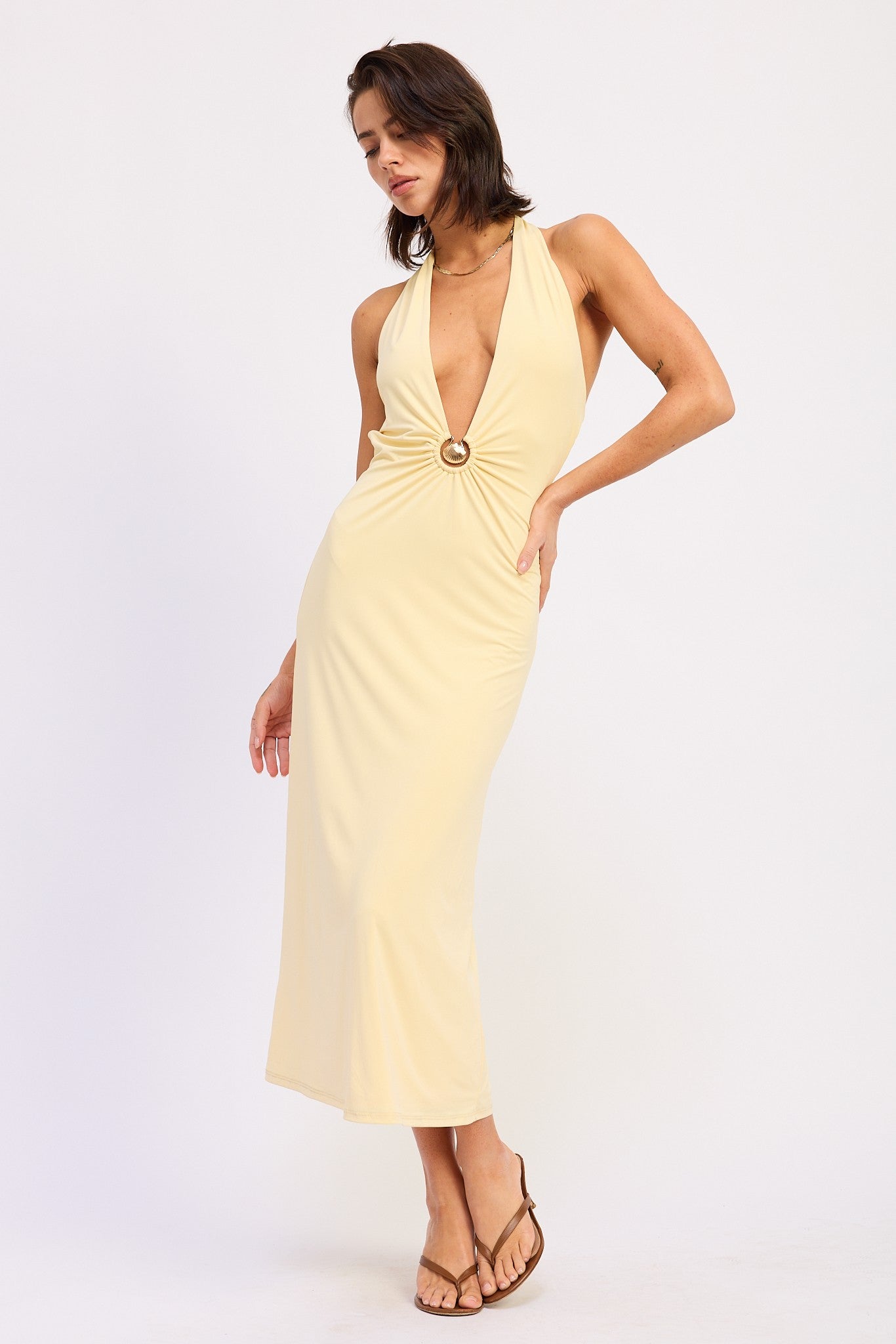 Deep V Halter Neck Midi Dress