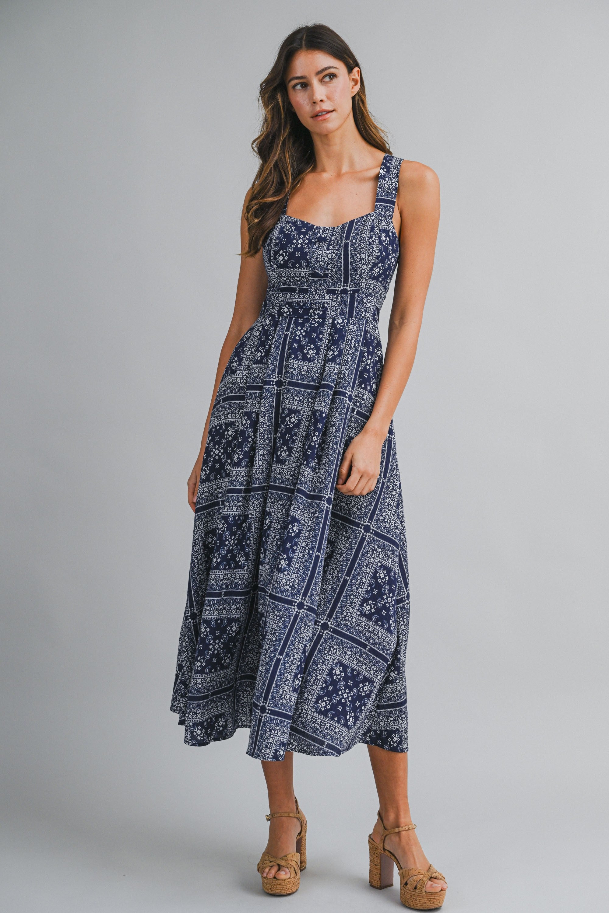 Bandana Print Crisscross Back Midi Dress