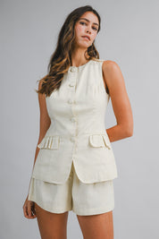Linen Sleeveless Vest Top And Shorts Set
