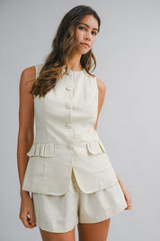 Linen Sleeveless Vest Top And Shorts Set