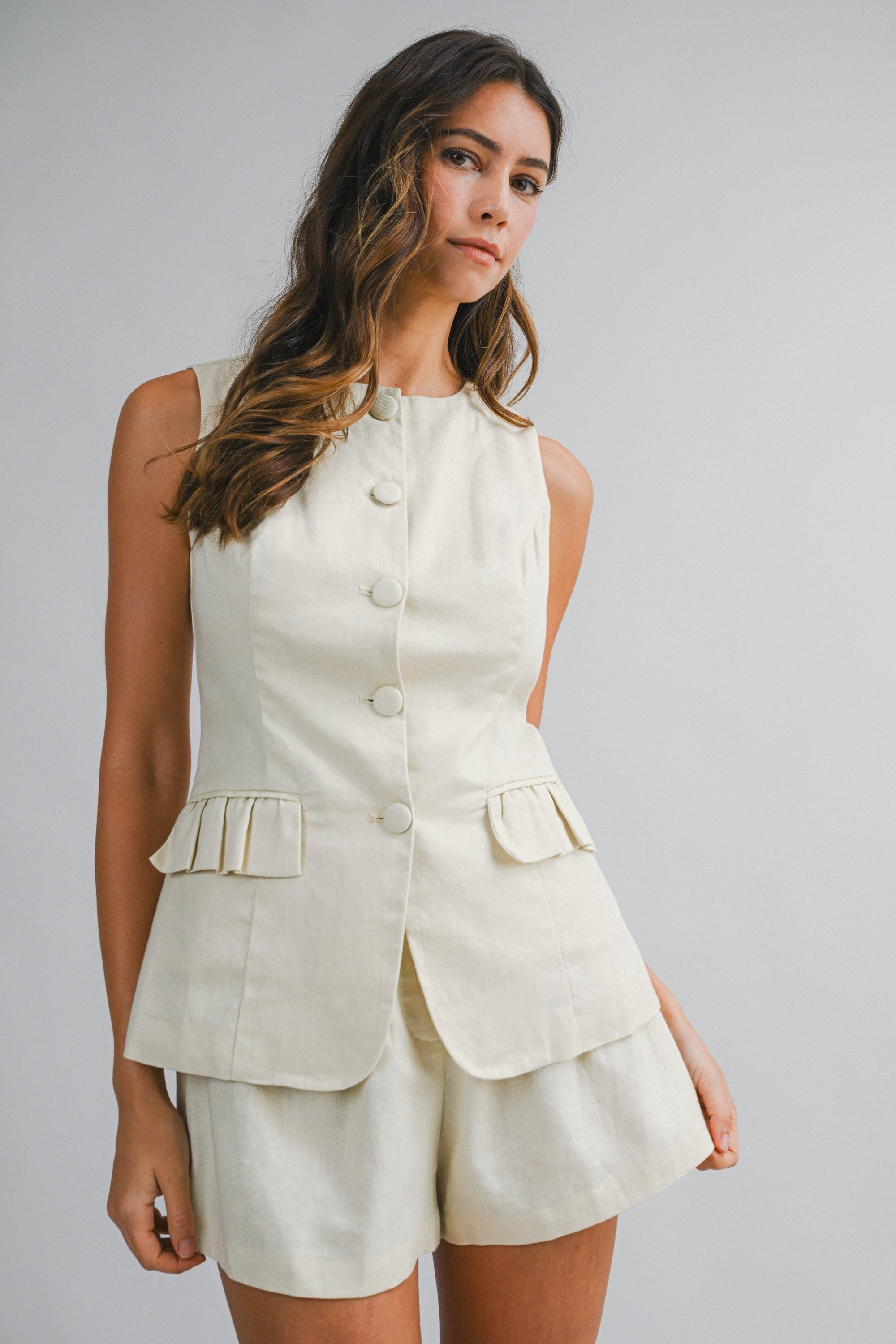 Linen Sleeveless Vest Top And Shorts Set