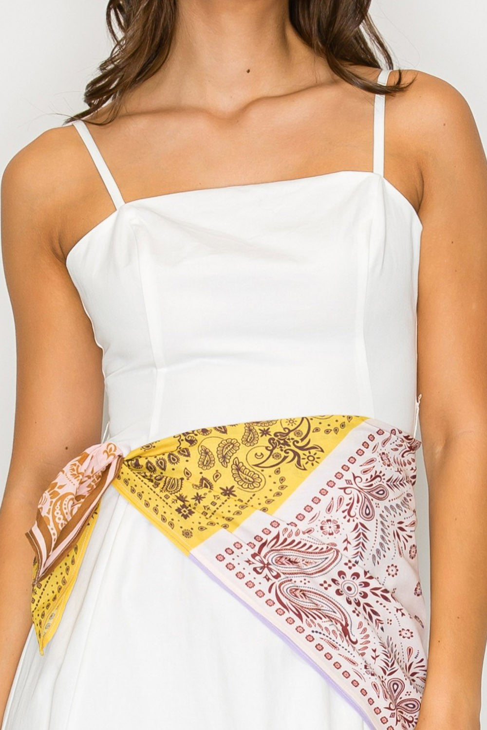 White Scarf Tie Waist Midi Dress