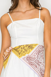 White Scarf Tie Waist Midi Dress