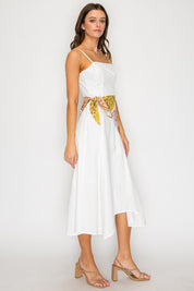 White Scarf Tie Waist Midi Dress
