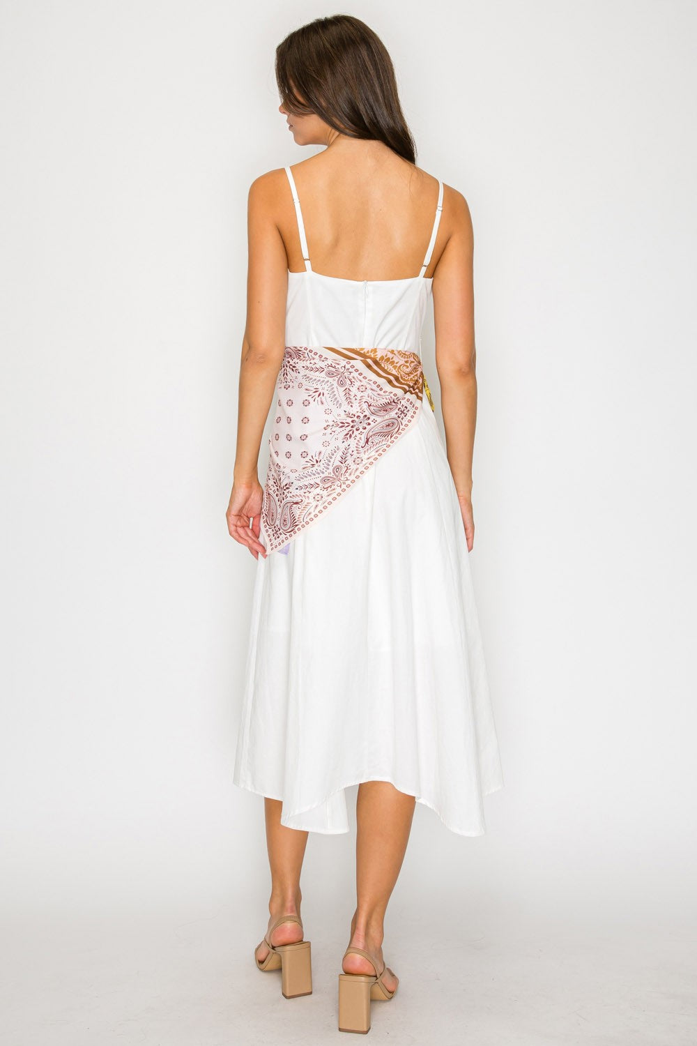 White Scarf Tie Waist Midi Dress