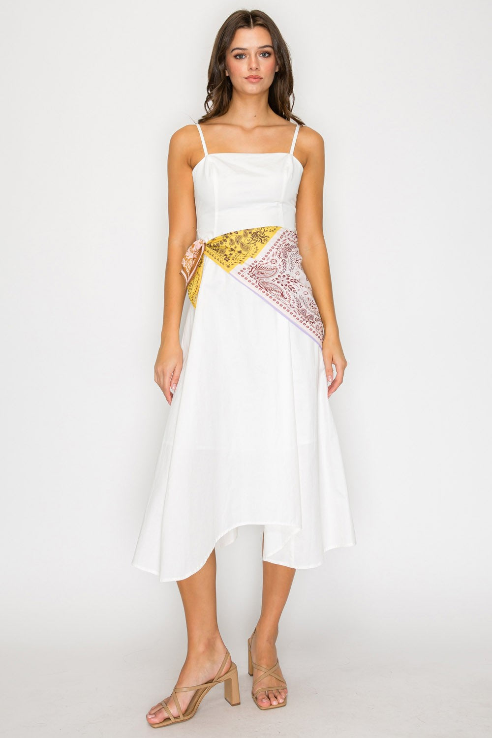 White Scarf Tie Waist Midi Dress
