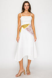 White Scarf Tie Waist Midi Dress