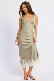Satin Mid Bias Cut Dress With Lace Detail