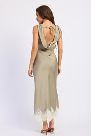 Satin Mid Bias Cut Dress With Lace Detail