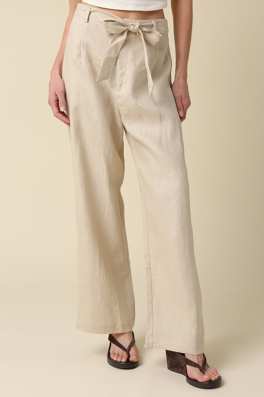Khaki Sharon Tie-waist Linen Pants