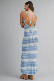 Blue Chevron Halter Neck Knit Halter Maxi Dress
