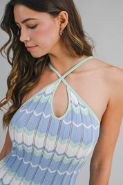 Blue Chevron Halter Neck Knit Halter Maxi Dress