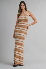 Brown Chevron Halter Neck Knit Halter Maxi Dress