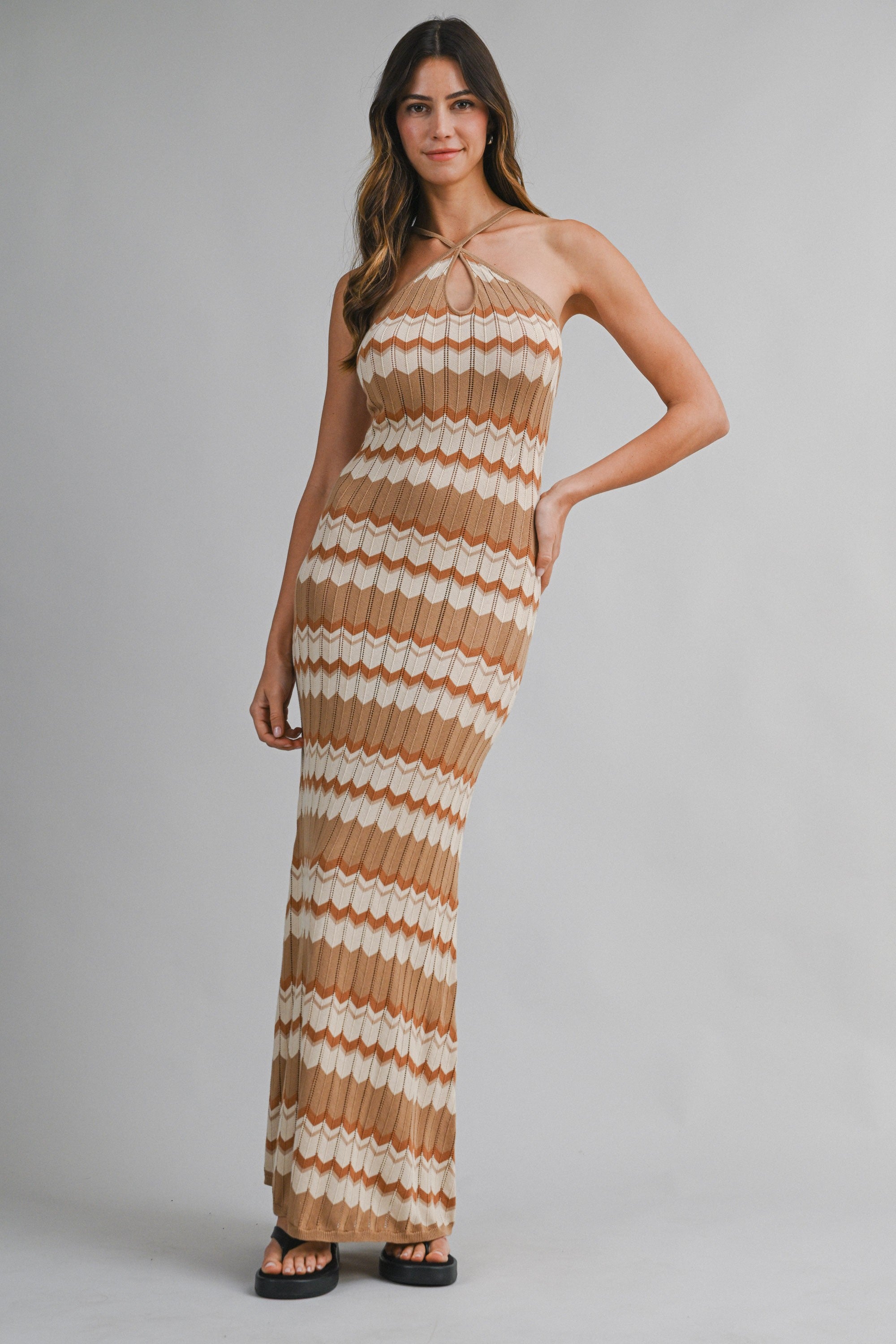 Brown Chevron Halter Neck Knit Halter Maxi Dress