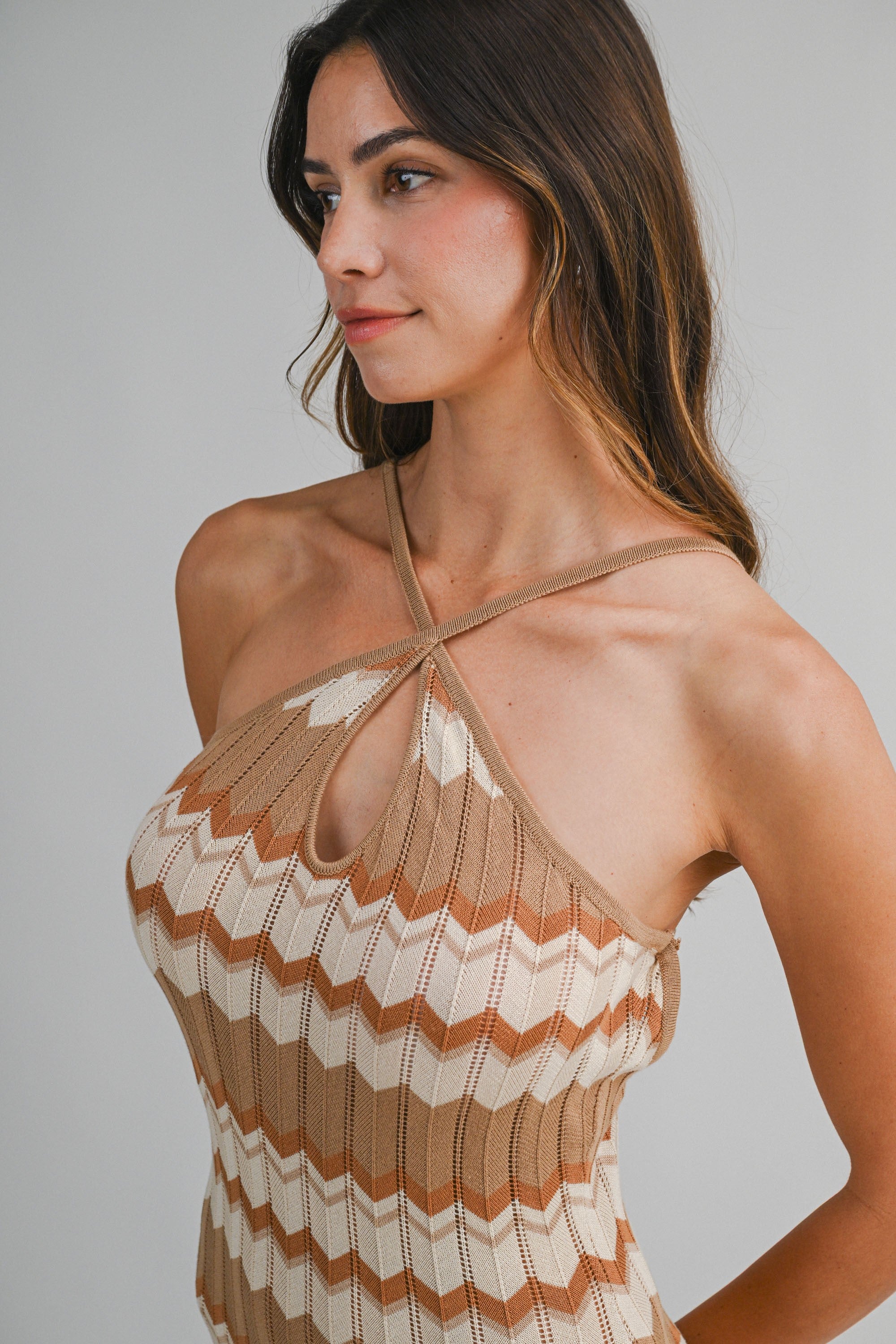 Chevron Halter Neck Knit Halter Maxi Dress
