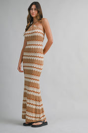 Brown Chevron Halter Neck Knit Halter Maxi Dress