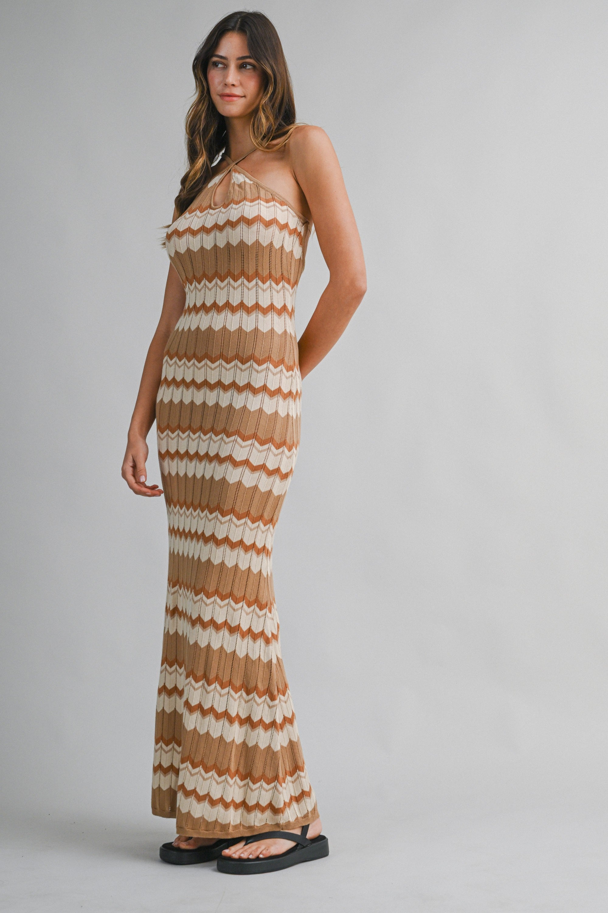 Brown Chevron Halter Neck Knit Halter Maxi Dress