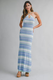 Blue Chevron Halter Neck Knit Halter Maxi Dress