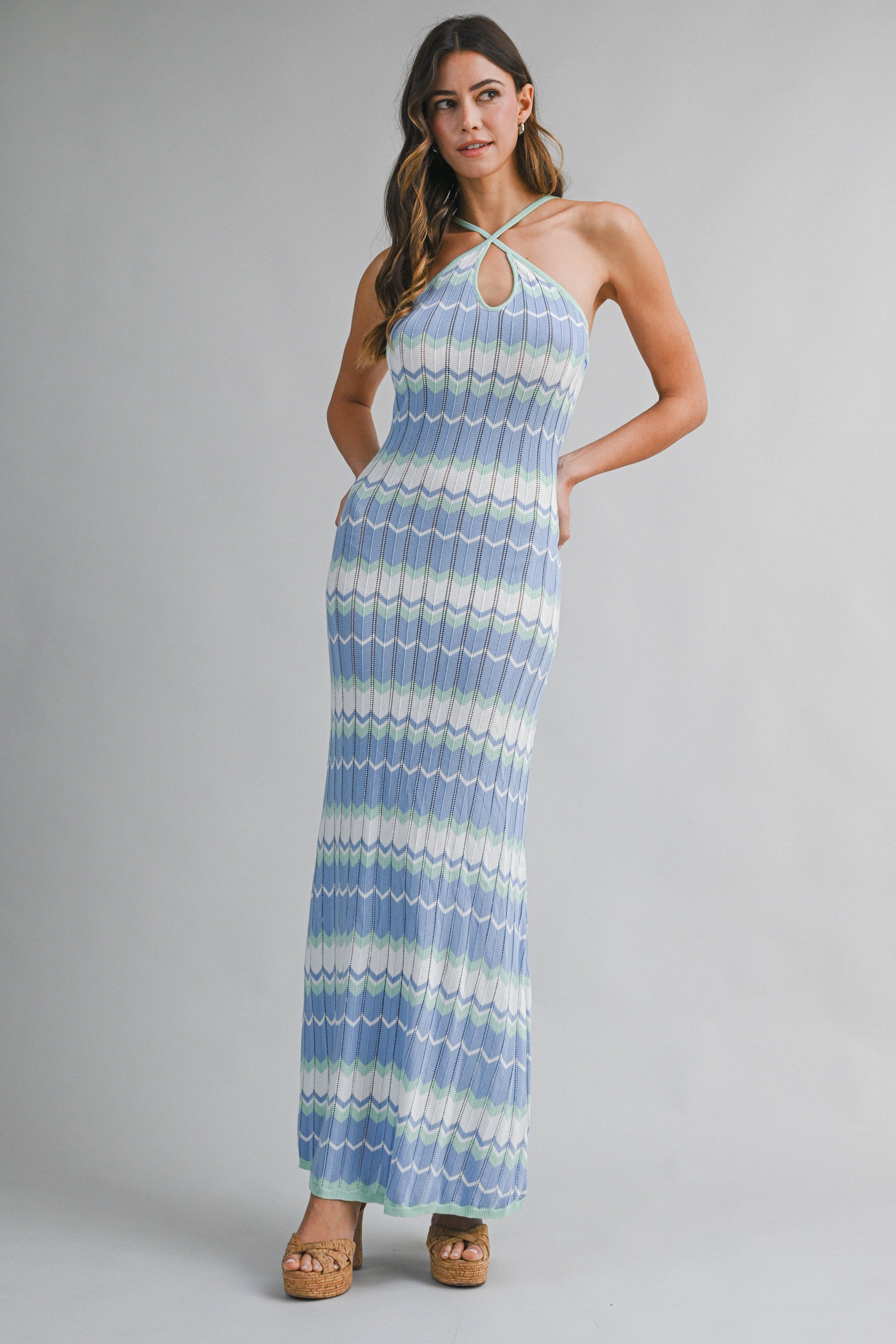 Blue Chevron Halter Neck Knit Halter Maxi Dress