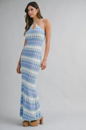 Blue Chevron Halter Neck Knit Halter Maxi Dress