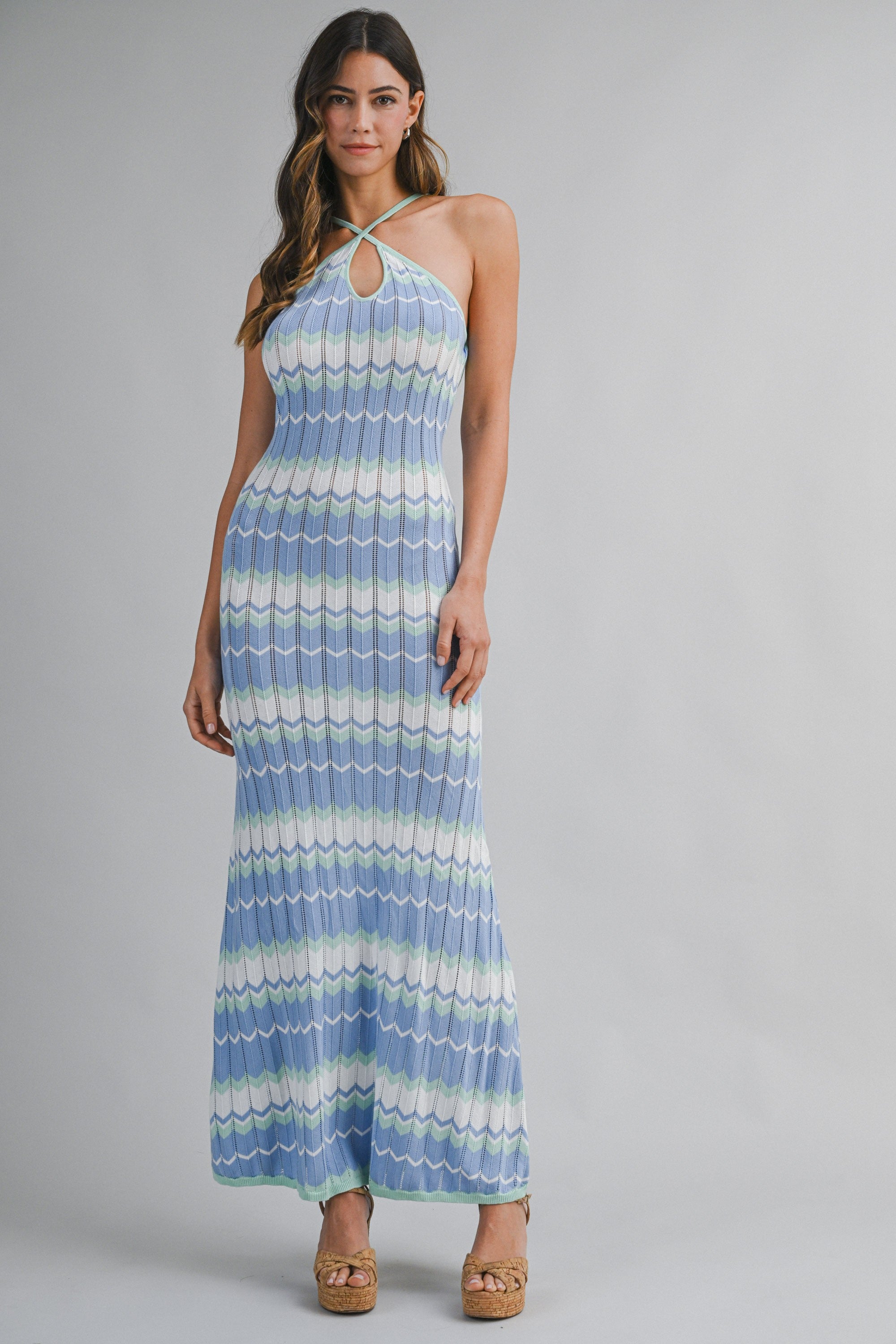 Blue Chevron Halter Neck Knit Halter Maxi Dress