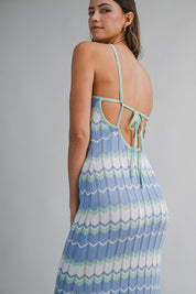 Blue Chevron Halter Neck Knit Halter Maxi Dress