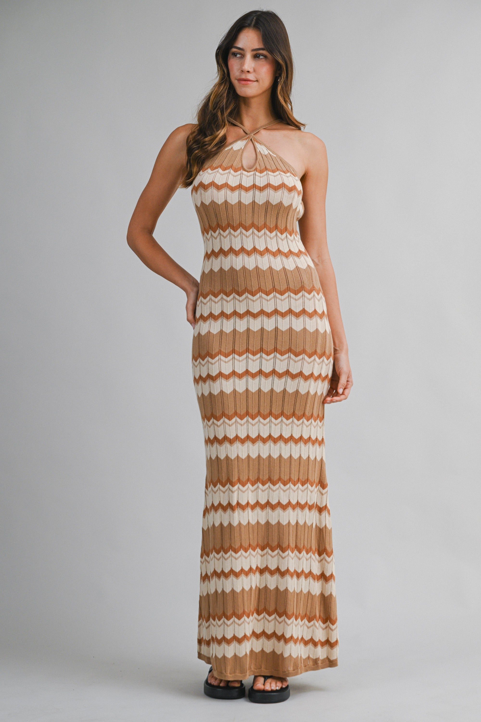 Chevron Halter Neck Knit Halter Maxi Dress