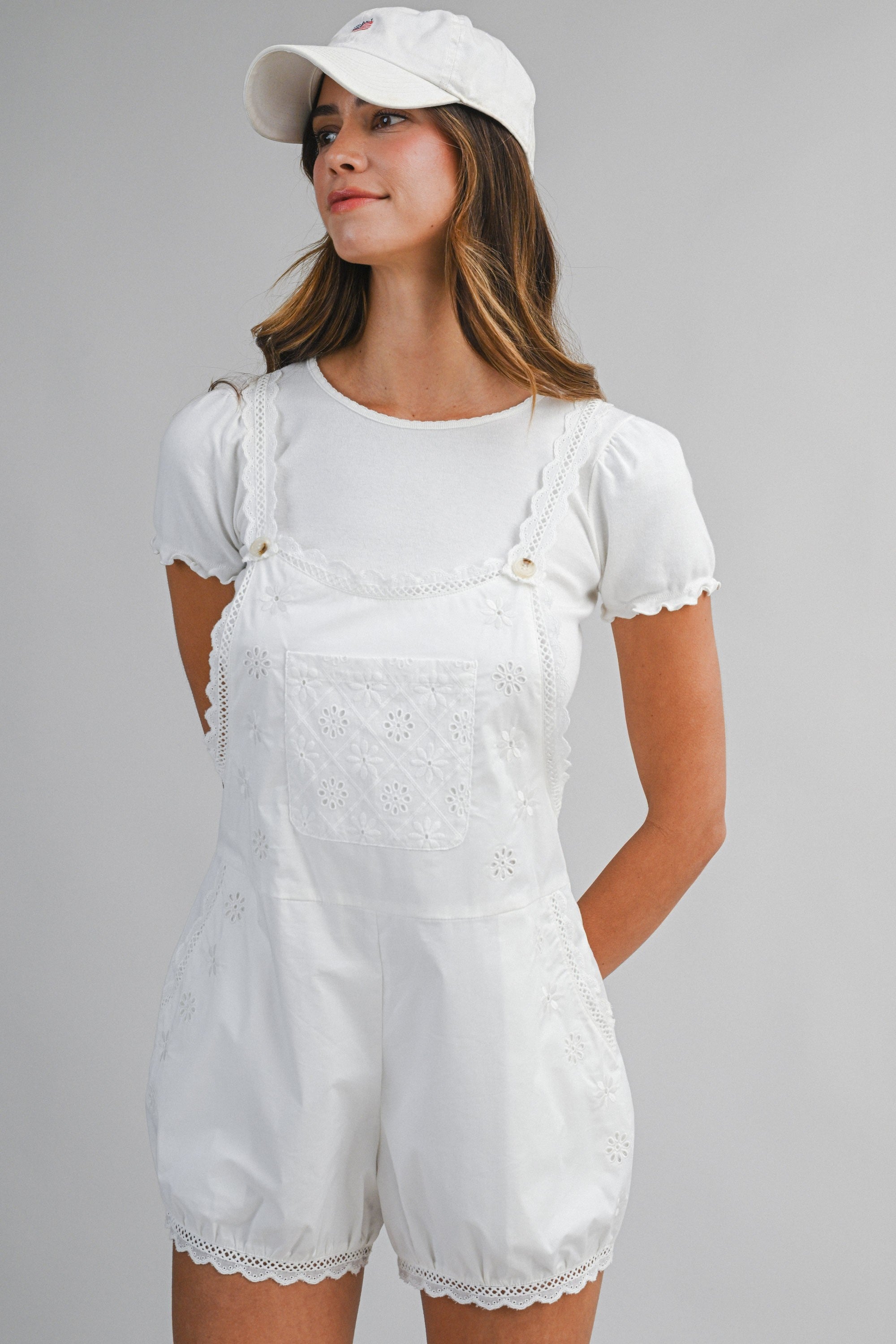 Eyelet Lace Trim Shoulder Strap Romper