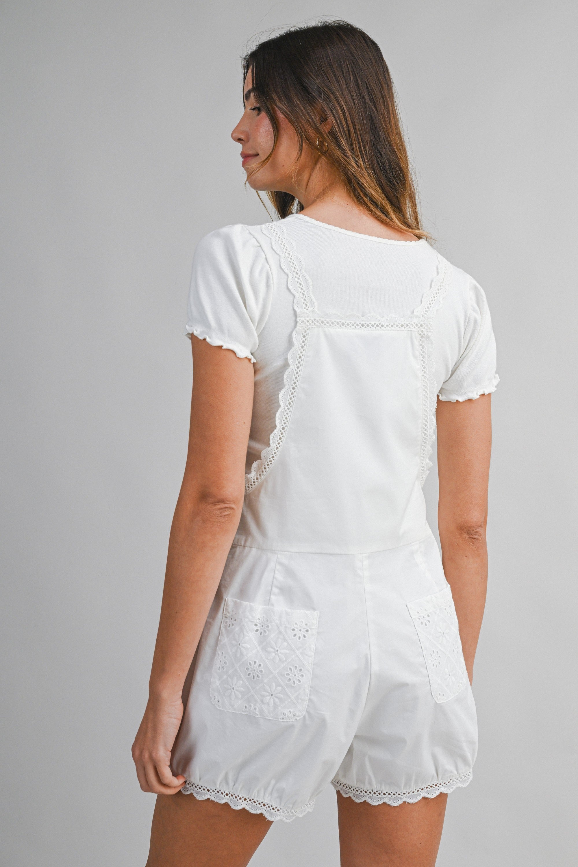 Eyelet Lace Trim Shoulder Strap Romper