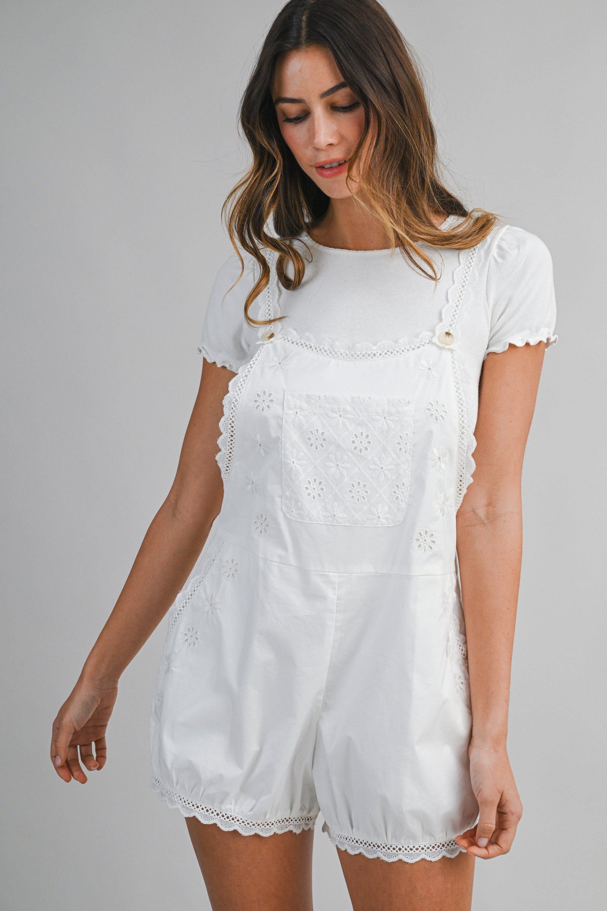Eyelet Lace Trim Shoulder Strap Romper