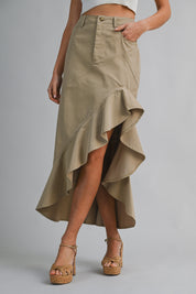 Asymmetric Solid Twill Ruffle Hem Midi Skirt