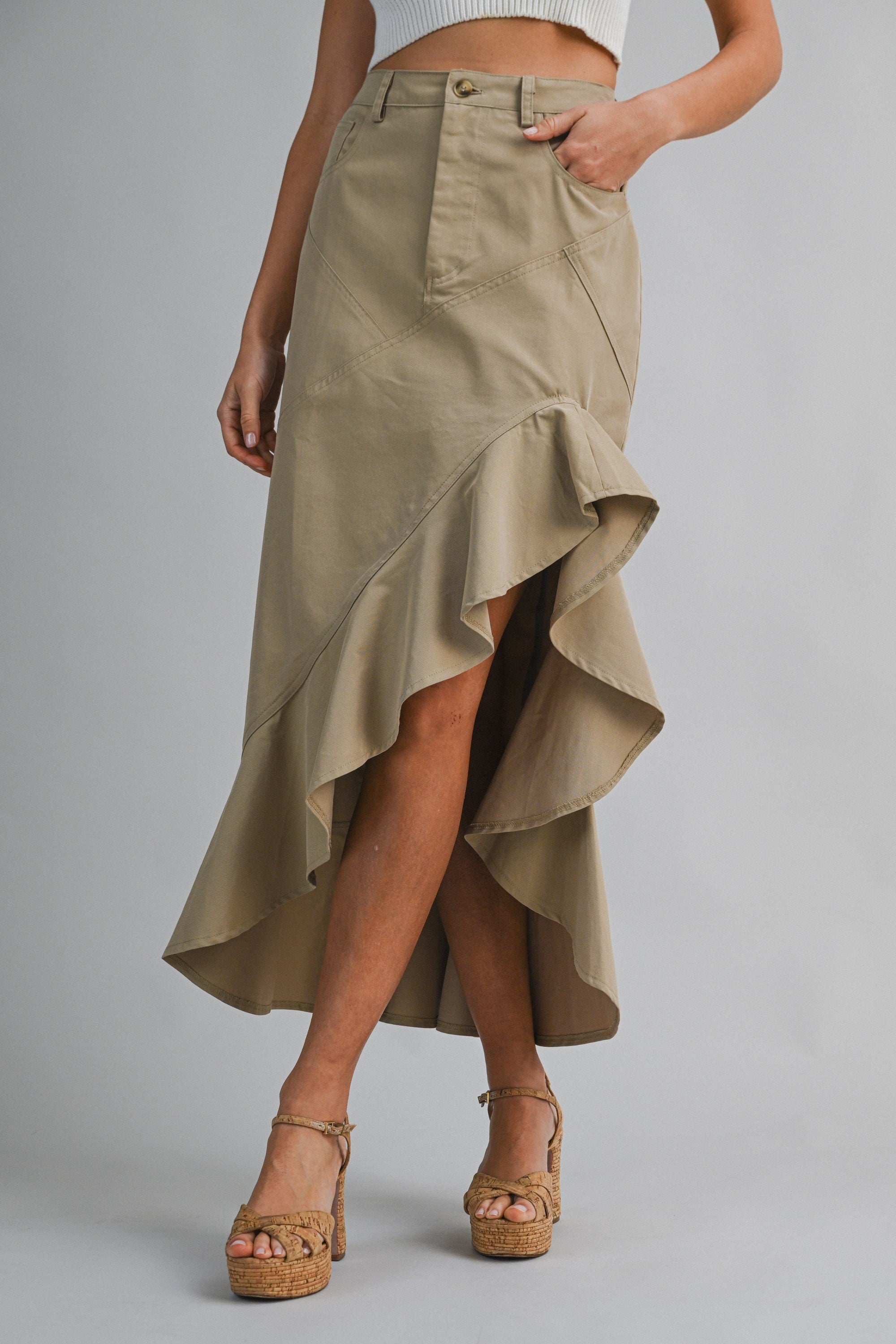Asymmetric Solid Twill Ruffle Hem Midi Skirt