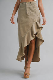 Asymmetric Solid Twill Ruffle Hem Midi Skirt