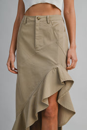 Asymmetric Solid Twill Ruffle Hem Midi Skirt
